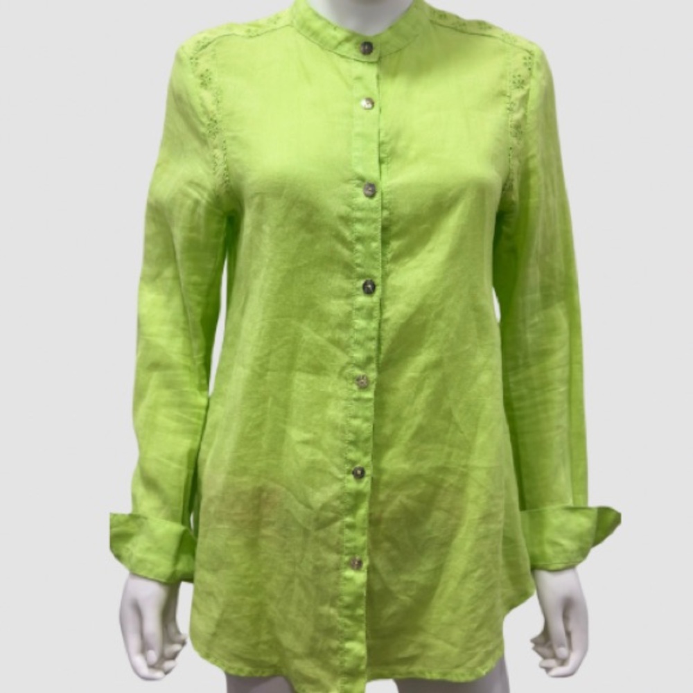 Classic 100% Ramie Collarless Botton Down Long Sleeve Shirt Eyelet Detailing | M